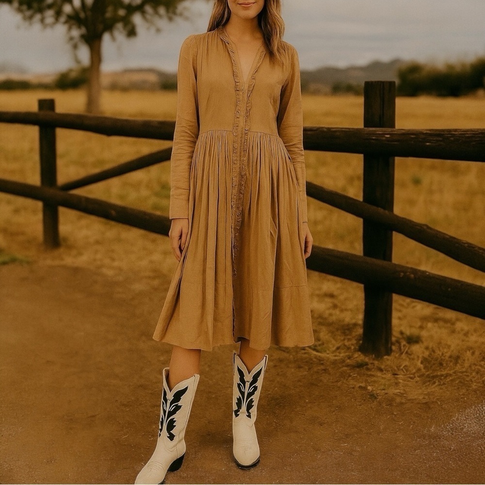 DSQUARED Cottagecore Cotton Ruffled V-Neck Long Sleeve Midi Dress‎
